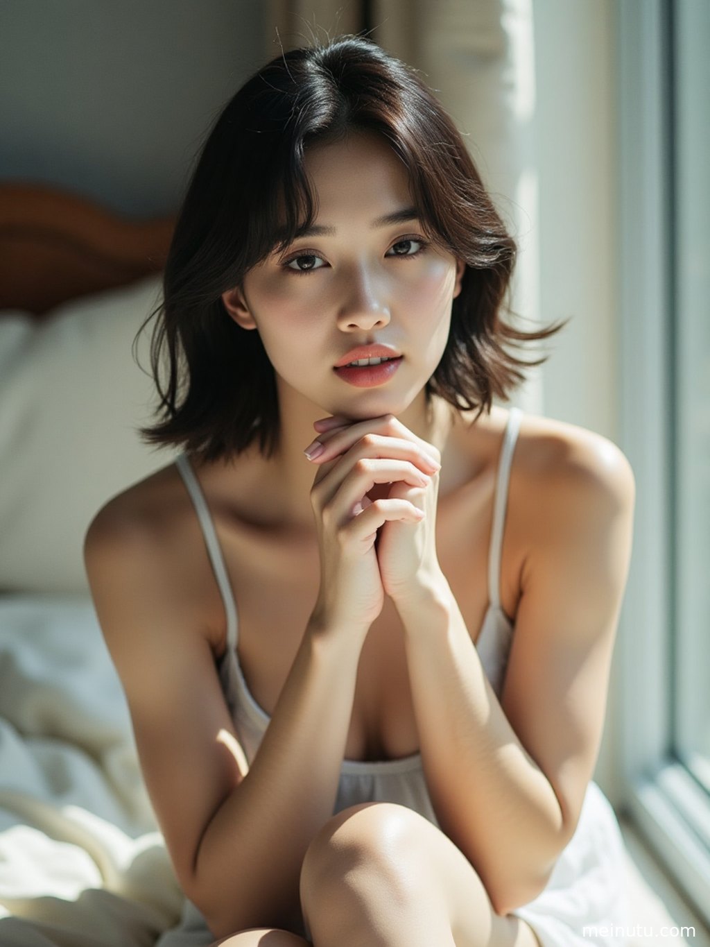 Seaside portrait of an adult asian model with gentle natural light, clear detail, and calm coastal atmosphere.
